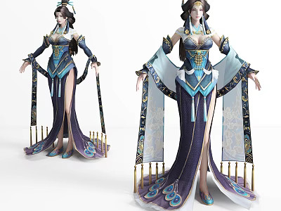 Ancient Style Female Fantasy Creature in Blue Purple Dress with Flowing Sleeves and Golden Accents 3d model