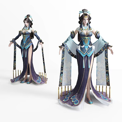 Ancient Style Female Fantasy Creature in Blue Purple Dress with Flowing Sleeves and Golden Accents 3d model