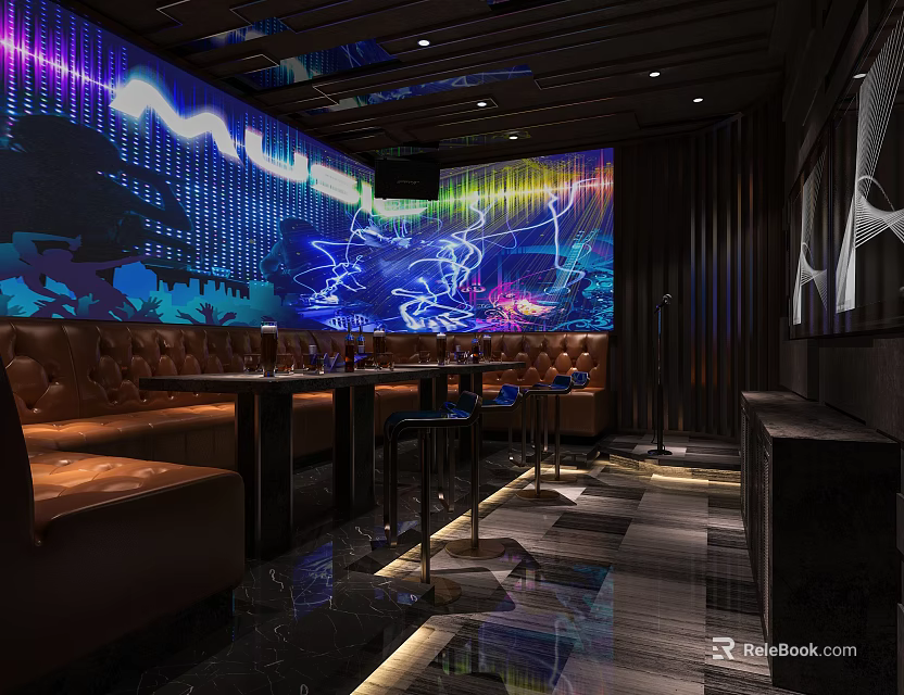 Modern KTV Lounge Interior With Colorful Neon Lights Brown Leather Sofas And Glossy Floor 3d model 