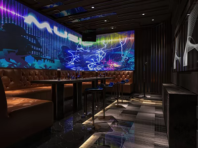 Modern KTV Lounge Interior With Colorful Neon Lights Brown Leather Sofas And Glossy Floor 3d model