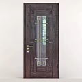 Classic Wooden Hinged Door with Glass Panel Geometric Metal Grid Design and Golden Handle