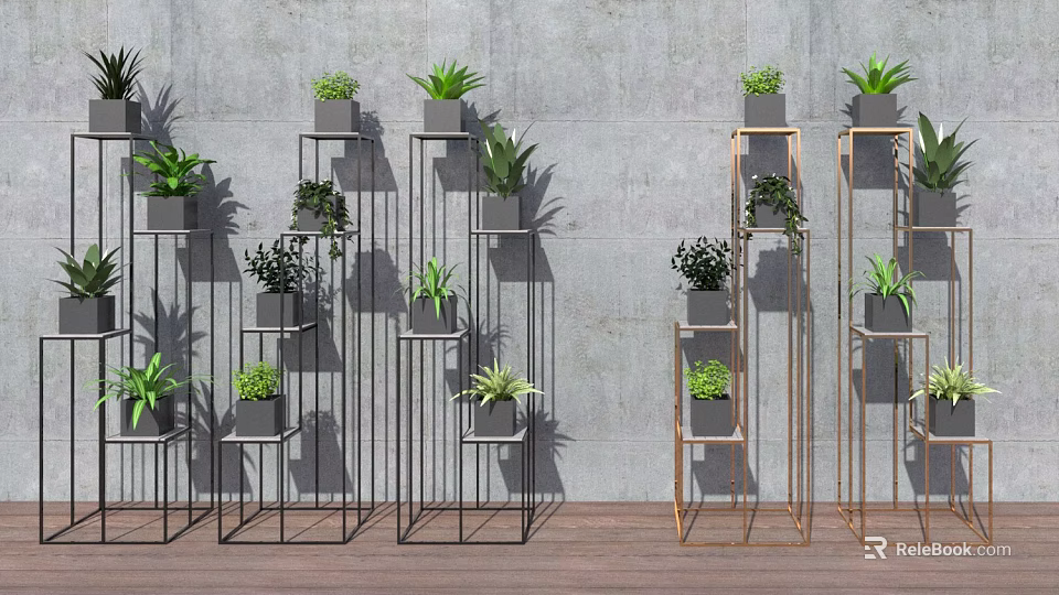 Stylish Metal Plant Stands With Green Plants Against Gray Wall And Wooden Floor 3d model 