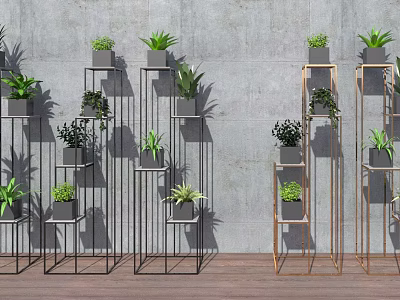 Stylish Metal Plant Stands With Green Plants Against Gray Wall And Wooden Floor 3d model