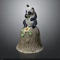 Cute Panda Figurine Sitting On Tree Stump Base With Yellow Flower And Green Leaves