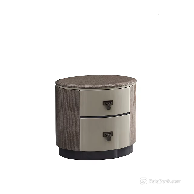 Round Bedside Table With Two Drawers Gray Beige Woven Texture And Black Base 3d model 
