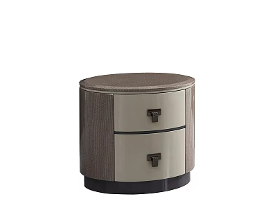 Round Bedside Table With Two Drawers Gray Beige Woven Texture And Black Base 3d model