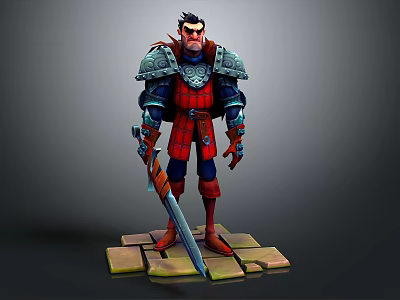 3D Game Character Warrior In Red And Blue Armor Holding Sword Standing On Stone Base 3d model