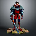 3D Game Character Warrior In Red And Blue Armor Holding Sword Standing On Stone Base