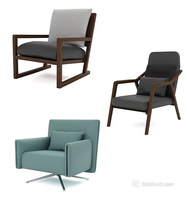 Modern Minimalist Accent Chairs With Wooden Frame And Gray Light Blue Upholstery Design 3d model 