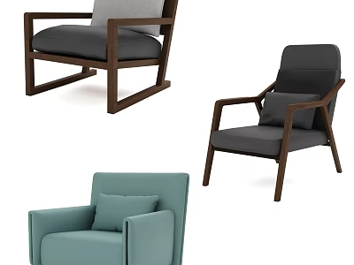 Modern Minimalist Accent Chairs With Wooden Frame And Gray Light Blue Upholstery Design 3d model