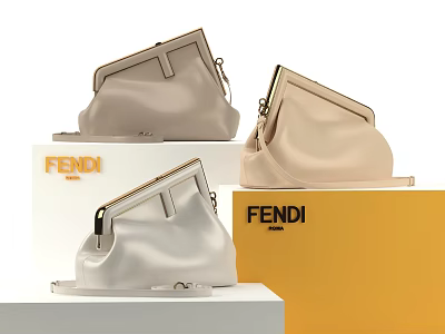FENDI Beige And White Leather Bags On Display Stands With Brand Logo 3d model