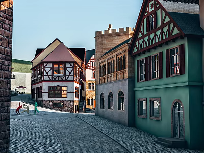 Traditional Commercial Street With Colorful European Style Buildings Cobblestone Road And Gabled Roofs 3d model