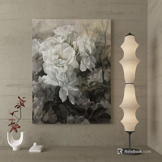 Modern Floral Painting With White Flowers Wall Background And Floor Lamp Decorative Elements 3d model 