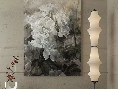 Modern Floral Painting With White Flowers Wall Background And Floor Lamp Decorative Elements 3d model
