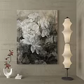 Modern Floral Painting With White Flowers Wall Background And Floor Lamp Decorative Elements