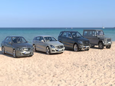 Four Different Luxury Cars Parked On Sandy Beach By Sea 3d model