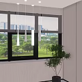 Modern Minimalist Room Pendant Lights With Large Window Green Park View And Potted Plant