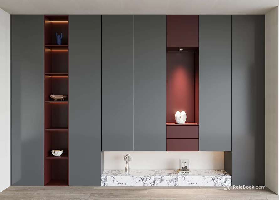 Modern Shoe Cabinet Design With Gray Maroon Panels Marble Countertop And Decorative Items 3d model 