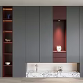 Modern Shoe Cabinet Design With Gray Maroon Panels Marble Countertop And Decorative Items