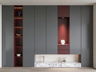 Modern Shoe Cabinet Design With Gray Maroon Panels Marble Countertop And Decorative Items 3d model
