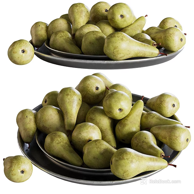 Fresh Ripe Green Pears Neatly Arranged On Stacked Metal Plates For 3d model 