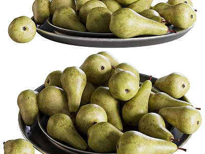Fresh Ripe Green Pears Neatly Arranged On Stacked Metal Plates For 3d model