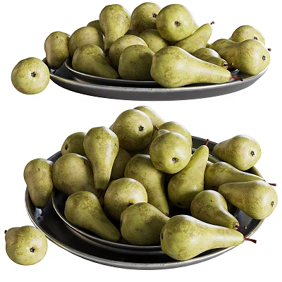 Fresh Ripe Green Pears Neatly Arranged On Stacked Metal Plates For 3d model
