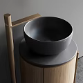 Modern Bathroom Washbasin With Wooden Cabinet Black Vessel Sink Round Mirror And Gold Faucet
