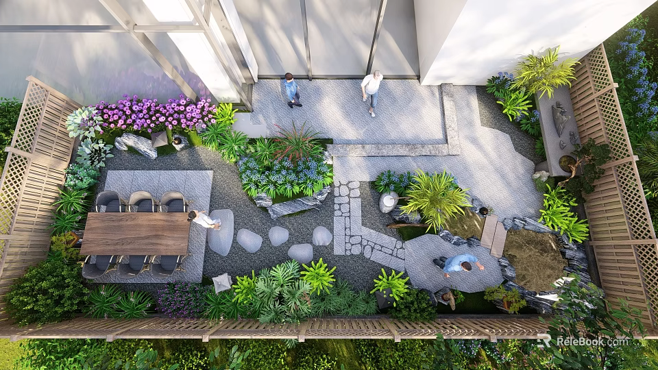 Karesansui Dry Landscape Garden With Stones Sand Path And Lush Greenery 3d model 