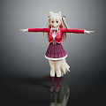 Anime Game Character with White Ears Tail Red Top Purple Skirt Red Stockings Arms Outstretched