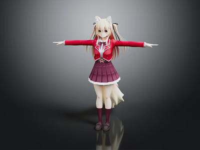 Anime Game Character with White Ears Tail Red Top Purple Skirt Red Stockings Arms Outstretched 3d model