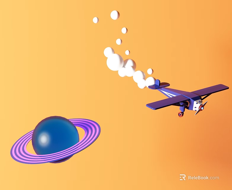 Purple Airplane With White Smoke Trail Near Blue Planet With Purple Rings On Orange Background 3d model 