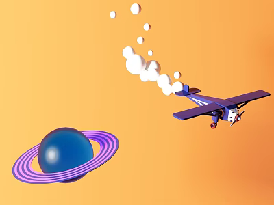 Purple Airplane With White Smoke Trail Near Blue Planet With Purple Rings On Orange Background 3d model
