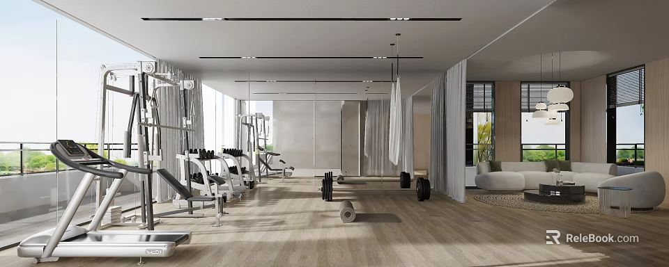 Modern Fitness Gym With Dumbbells Workout Machines Mirrors Wooden Floor And Bright Interior 3d model 