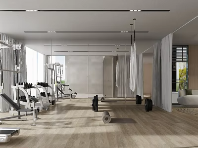 Modern Fitness Gym With Dumbbells Workout Machines Mirrors Wooden Floor And Bright Interior 3d model