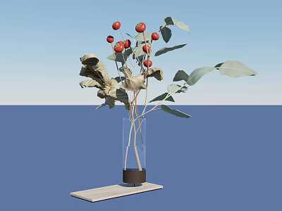Transparent Glass Vase With Red Berries And Green Leaves On Light Wooden Tray Blue Background 3d model