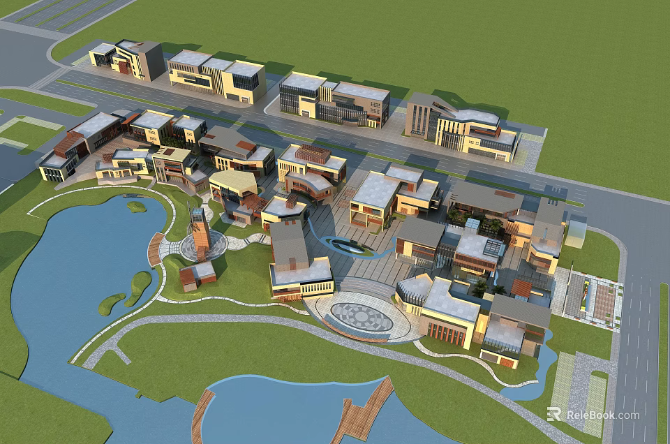 Modern Commercial Street With Waterfront Green Spaces Diverse Buildings And Plaza 3d model 
