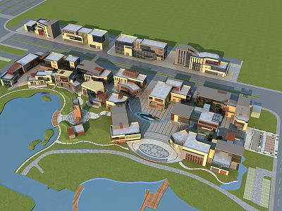 Modern Commercial Street With Waterfront Green Spaces Diverse Buildings And Plaza 3d model