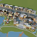 Modern Commercial Street With Waterfront Green Spaces Diverse Buildings And Plaza