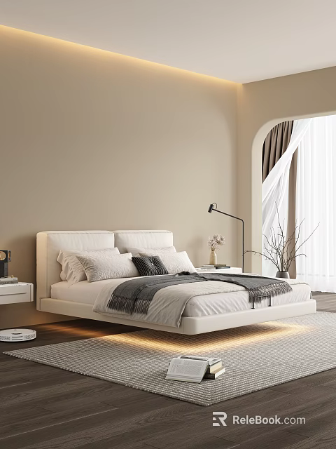 Modern White Double Bed With Bedside Table Lamp Vase And Arched Window Curtains 3d model