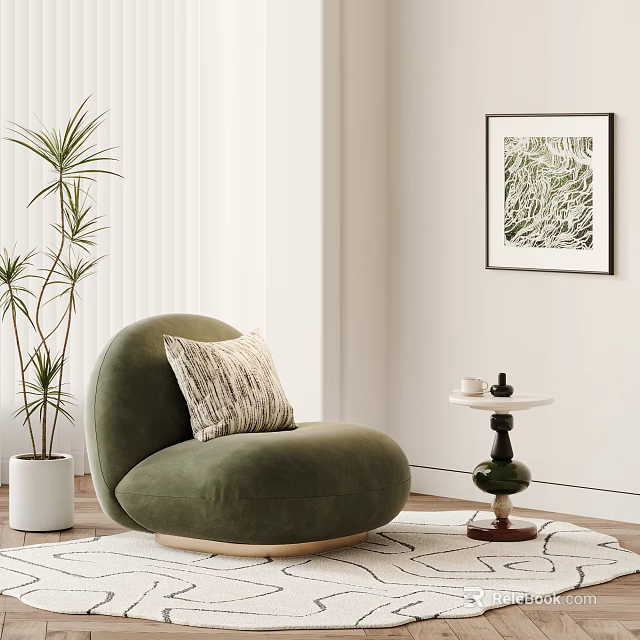 Green Single Sofa With Throw Pillow And Side Table Near Plant And Wall Art 3d model 