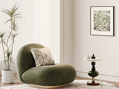 Green Single Sofa With Throw Pillow And Side Table Near Plant And Wall Art 3d model