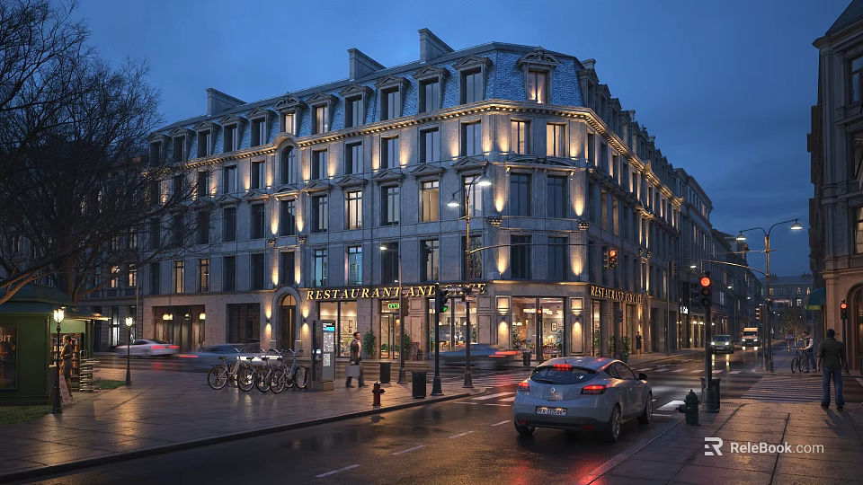 Bristol Hotel Exterior At Night With Street Lighting Vehicles And Bicycles 3d model 