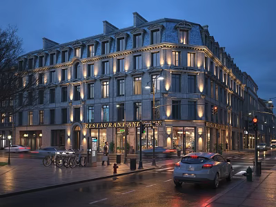 Bristol Hotel Exterior At Night With Street Lighting Vehicles And Bicycles 3d model