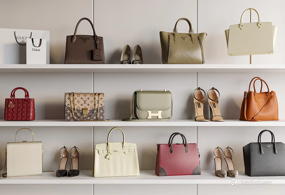 Fashionable Designer Bags in Multiple Colors and Styles on Retail Shelves with Shoes 3d model 
