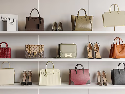 Fashionable Designer Bags in Multiple Colors and Styles on Retail Shelves with Shoes 3d model