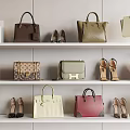 Fashionable Designer Bags in Multiple Colors and Styles on Retail Shelves with Shoes