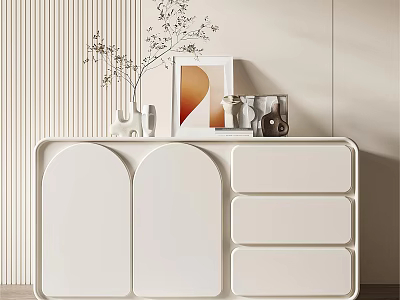 Modern Minimalist White Console Cabinet With Arched Doors Drawers And Decorative Items 3d model
