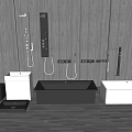 Modern Bathroom Set With Black Bathtub White Sink Basin And Shower Fixtures On Wooden Floor