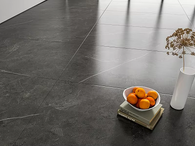 Dark Gray Modern Floor Tiles With Bowl Of Oranges White Vase And Stack Of Books 3d model